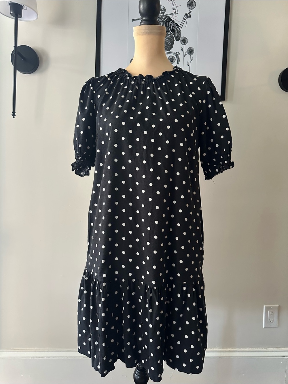 Free Assembly Black/White Polka Dot T-Shirt Dress Ruffle Puff Sleeve S